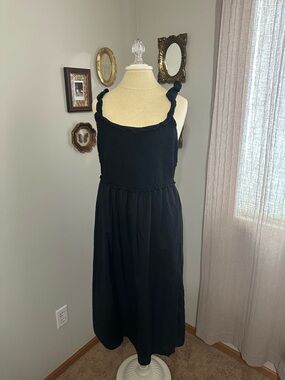 Wilfred Black Smocked Bodice Midi Dress with Ruffle Straps